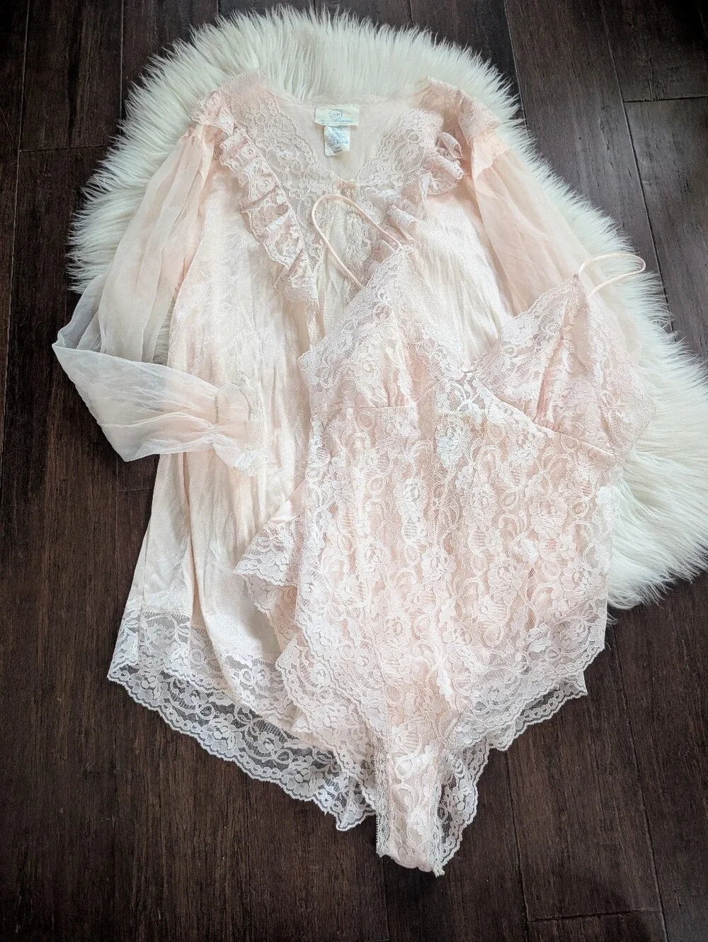 Vintage 1970s Undercover Wear Sheer Lace Teddy Robe Set M Medium Pale Pink - Picture 2 of 10